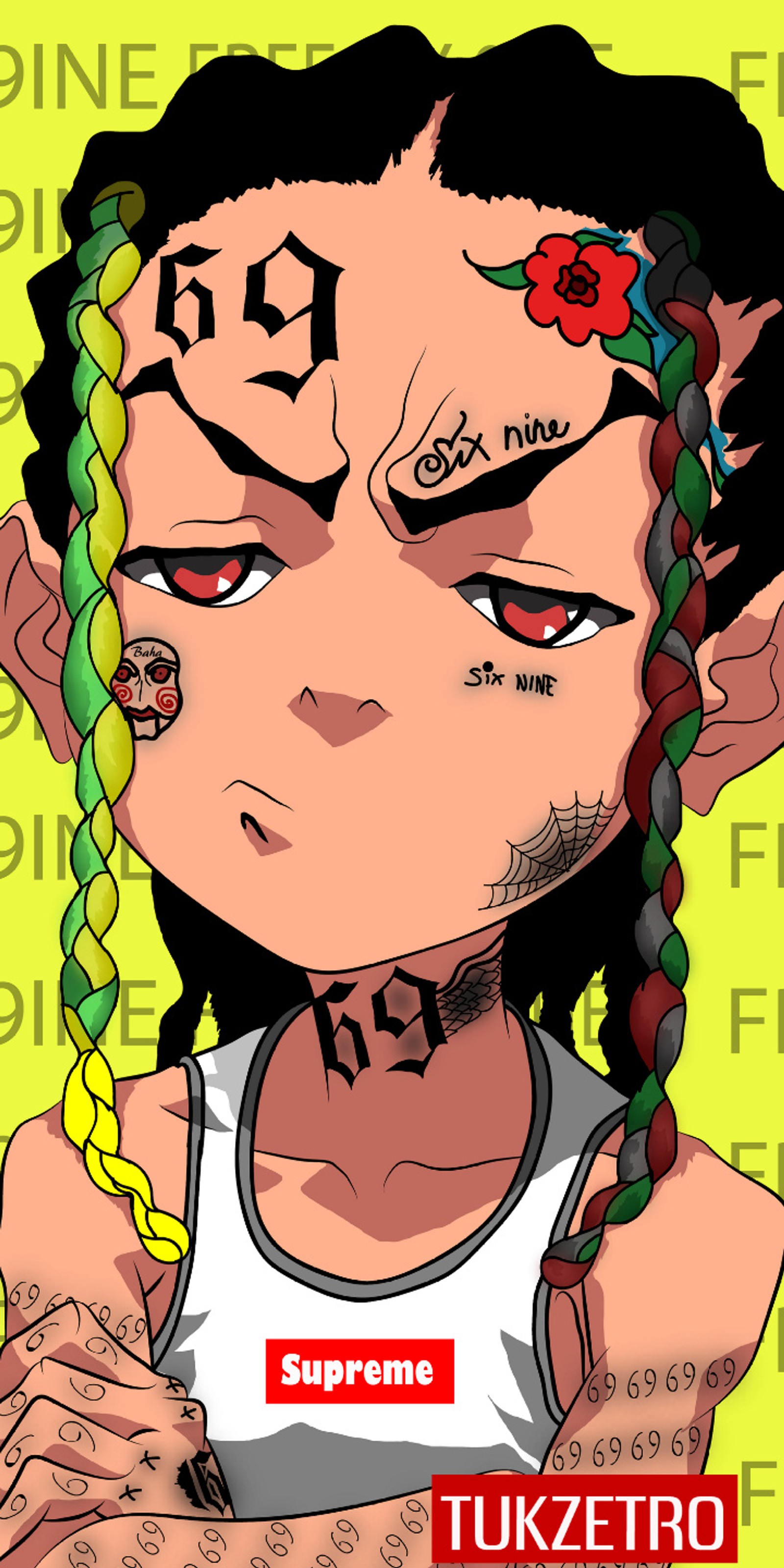 Anime character with tattoos on his face and a chain around his neck (six nine, boondocks, tukzetro, tukzetroarts, music)