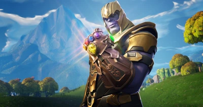 Thanos avec le Gant de l'Infini dans le paysage de Fortnite