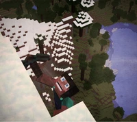 Un personaje de Minecraft escalando una montaña nevada con vista a un bosque y un lago