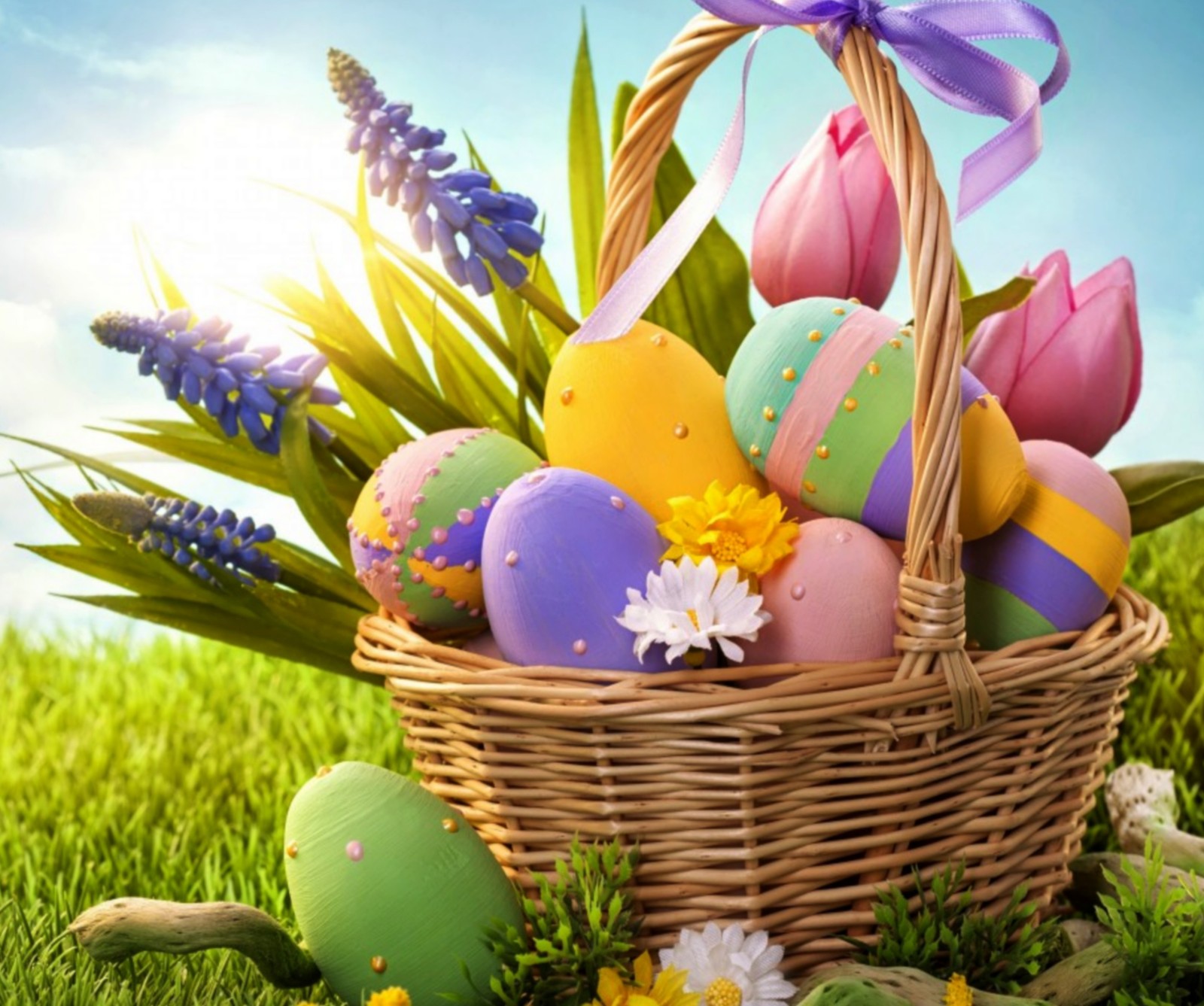 eggs, flowers, happy easter, meadow, spring Download Wallpaper