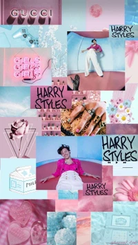 Un collage vibrante que presenta a Harry Styles con una mezcla de colores pastel, arte de líneas finas y elementos juguetones que reflejan su estilo y personalidad audaces.