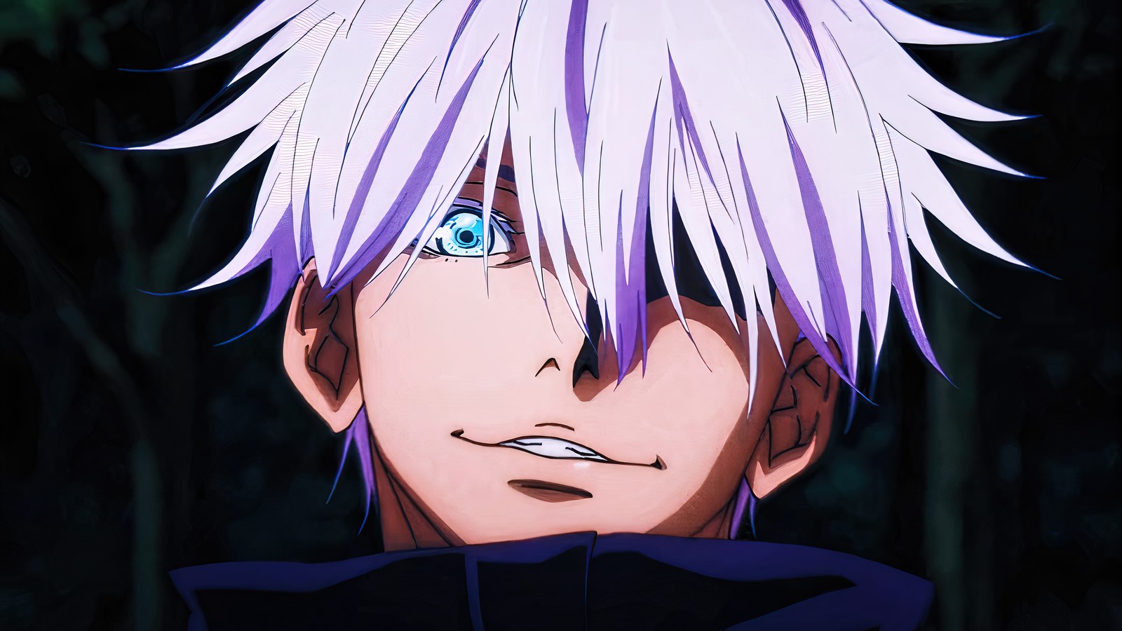 Anime guy with purple hair and blue eyes staring at the camera (satoru gojo, jujutsu kaisen, anime, sorcery fight, 呪術廻戦)