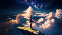 Einsames Anime-Mädchen, das in einen traumhaften Himmel mit lebhaften Wolken blickt