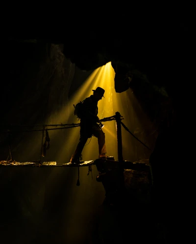 Indiana Jones naviguant dans une grotte sombre avec des faisceaux de lumière dramatiques