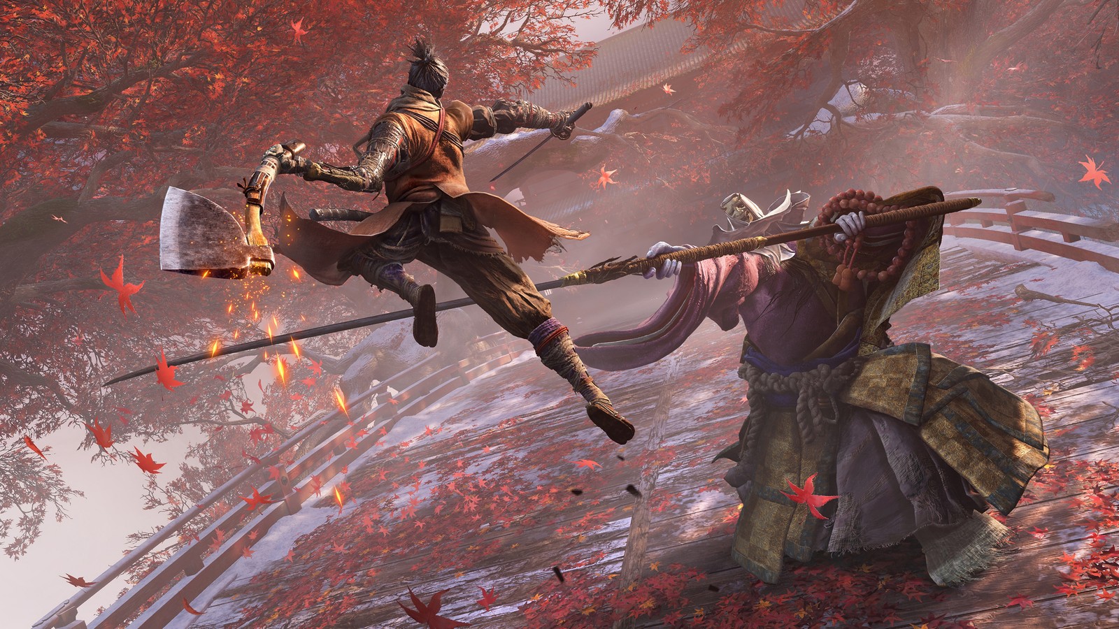 A man in a brown outfit is flying over a woman in a red dress (sekiro shadows die twice, video game)