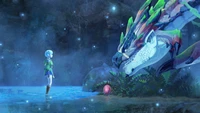 A character stands before a majestic, colorful dragon in a mystical cave, surrounded by glowing elements and a serene atmosphere.