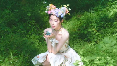 Irene of Red Velvet poses gracefully in a floral crown, cradling a gem amidst lush greenery, evoking a cosmic and ethereal vibe.