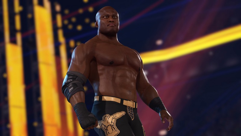 Крупный план мужчины в костюме для борьбы на фоне неоновых огней (wwe 2k22, видеоигра, bobby lashley)