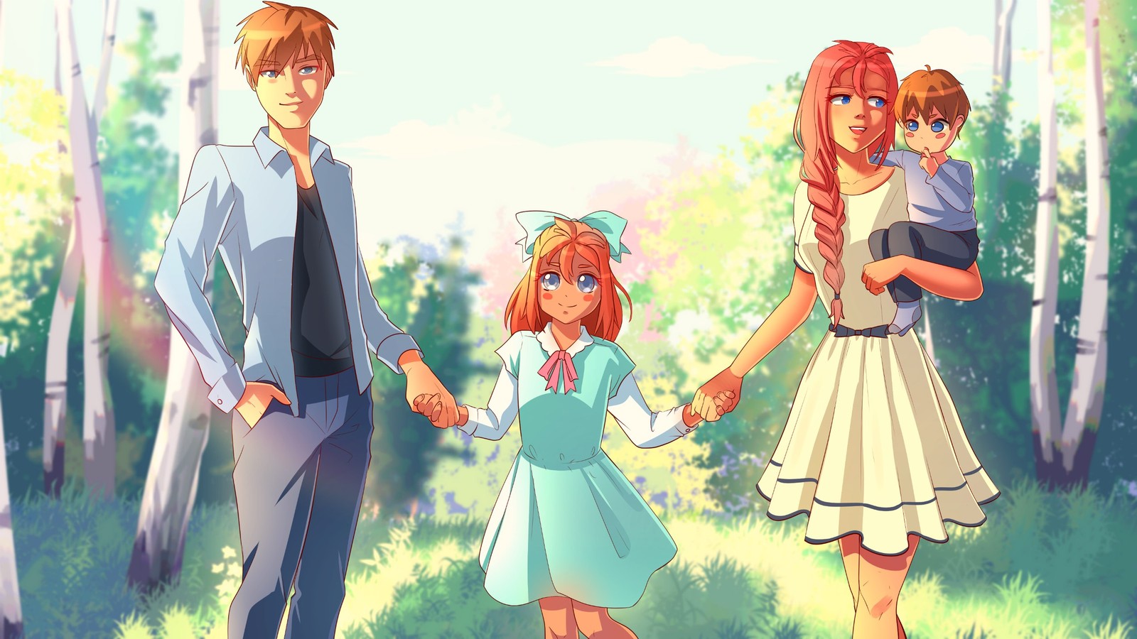 Un couple de personnes se tenant la main dans une forêt (été éternel, roman visuel, visual novel, été, anime)