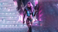 Futuristisches Cyberpunk-Mädchen mit einer Waffe in einer Neon-Stadtlandschaft