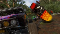 Ação dinâmica de corrida off-road em Dirt 5, com veículos coloridos e manobras intensas.