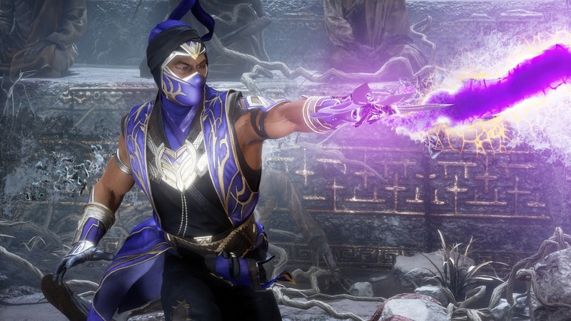 Мужчина в фиолетовом наряде с фиолетовым световым мечом (mk11, mortal kombat 11, ультимативный, видеоигра, дождь)