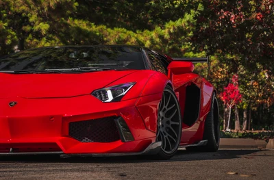 Sleek Lamborghini Aventador SV rouge avec des roues Novitec personnalisées au milieu d'un feuillage automnal vibrant.