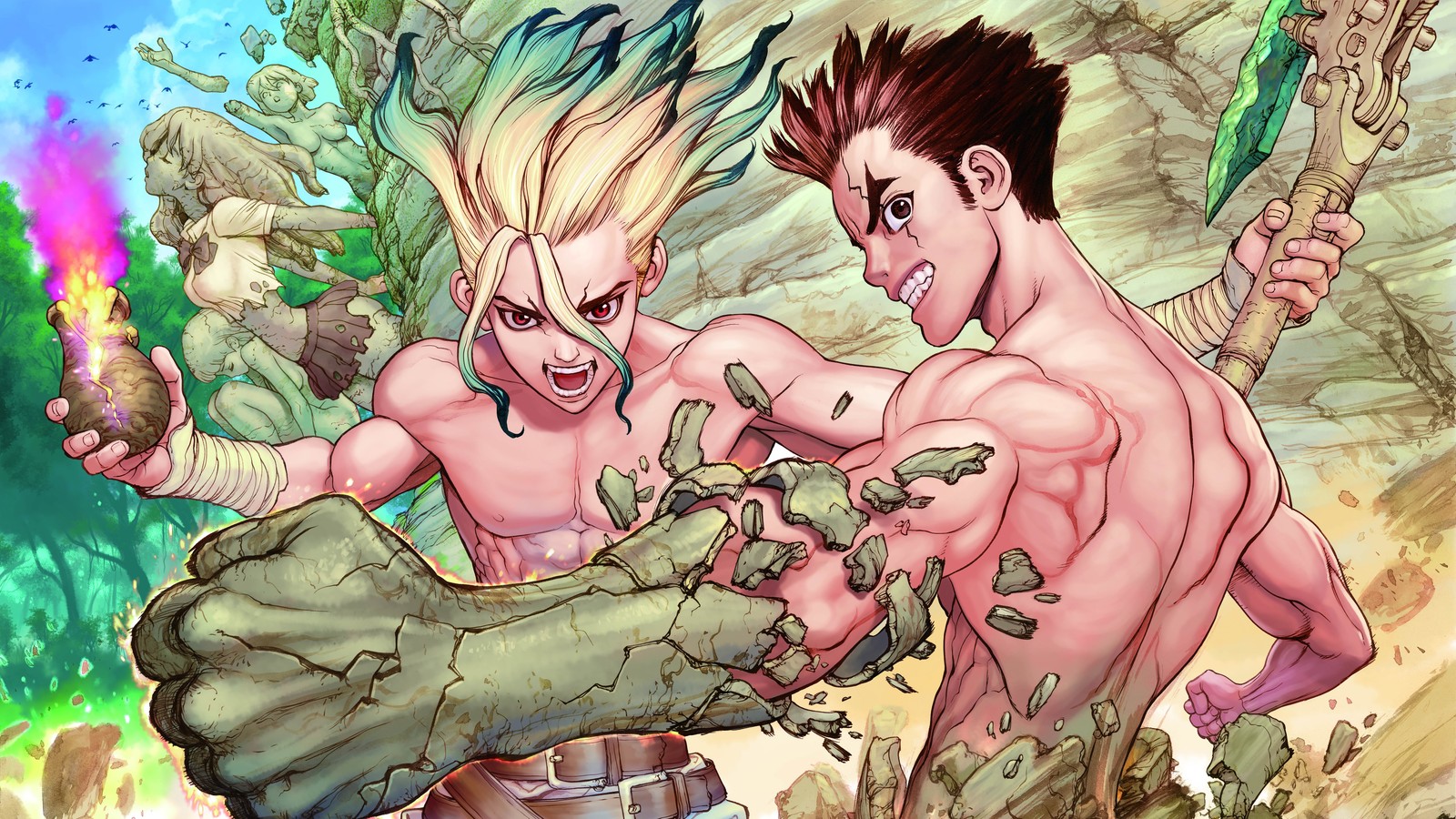 Baixar papel de parede dr stone, anime, senku ishigami, taiju oki