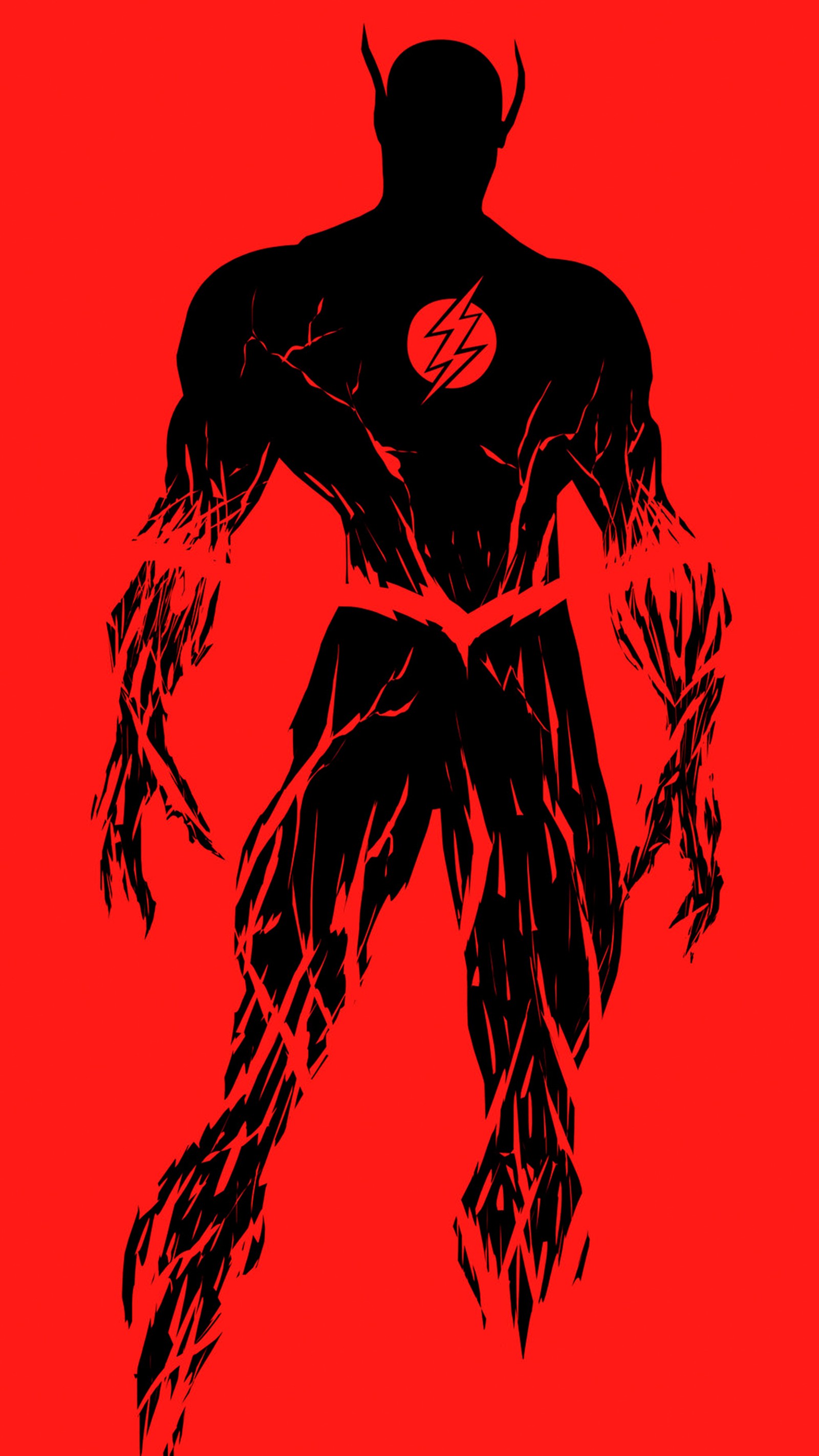 A close up of a black and red flash standing in front of a red background (art, superhero, organ, neck, sleeve)