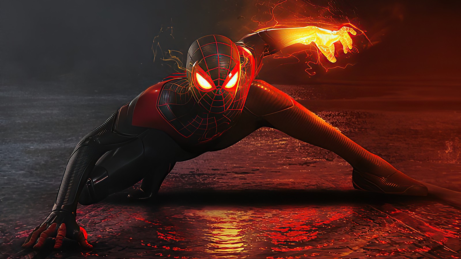 Spider-man en un costume noir avec des lumières rouges et jaunes (marvels spider man miles morales, jeu vidéo, ps5, playstation 5)