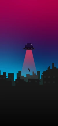 Außerirdische Begegnung bei Dämmerung: Eine minimalistische Stadtsilhouette mit einem UFO