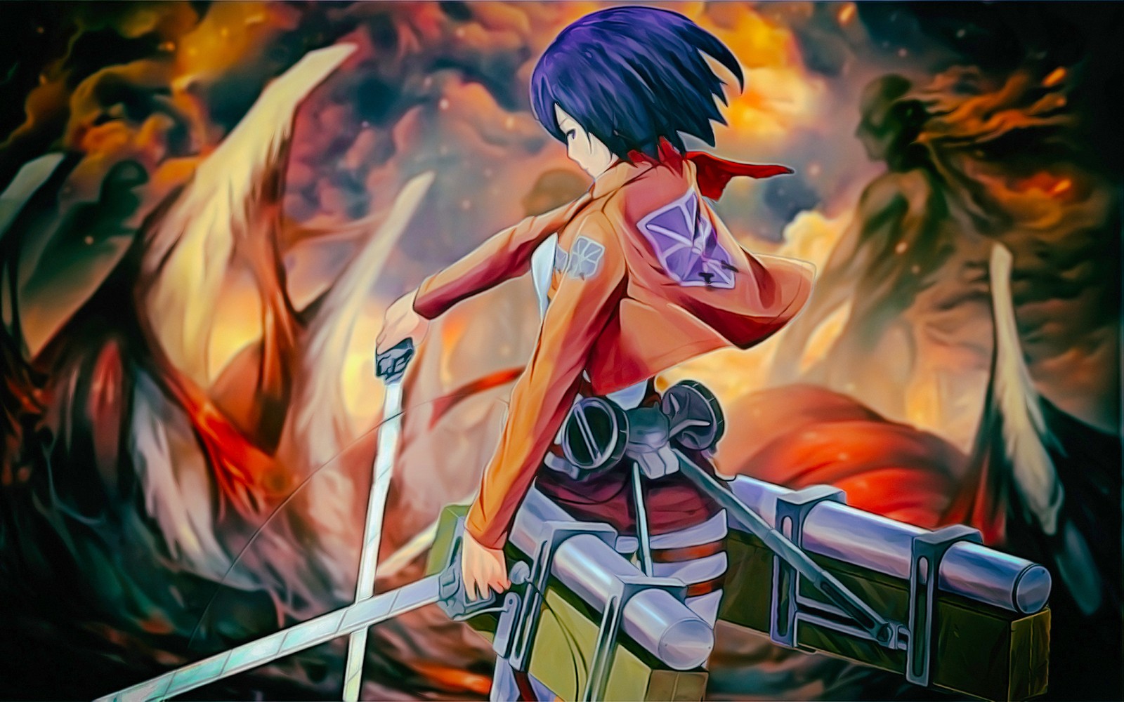 Fille anime avec une épée et une armure se tenant devant un feu (mikasa ackerman, lattaque des titans, attack on titan, anime, illustration)