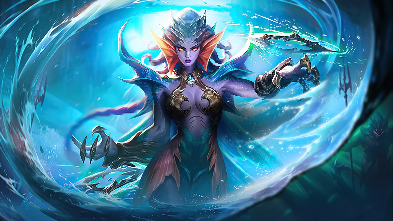 Una mujer en un vestido azul sosteniendo una espada y una bola azul (karrie, gill girl, piel, mobile legends, bang bang)