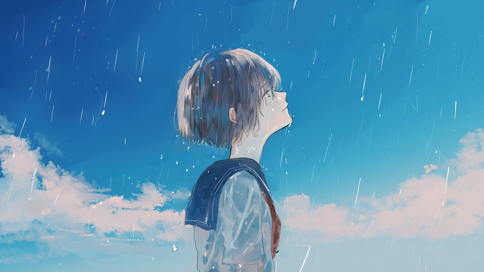 Anime, chico, lluvia, nubes, cielo azul, arte anime, anime, chico anime (niñas de anime, escuela, estudiante, anime, pelo corto)