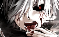 Ken Kaneki aus Tokyo Ghoul, blutig und wild, zeigt seine Transformation vor einem dunklen, intensiven Hintergrund.