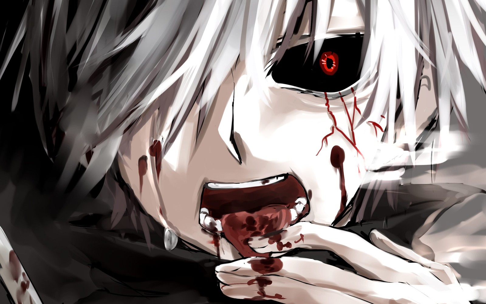 Anime, una mujer con sangre en la cara comiendo un trozo de comida (tokyo ghoul, manga, anime, boca, video musical de anime)