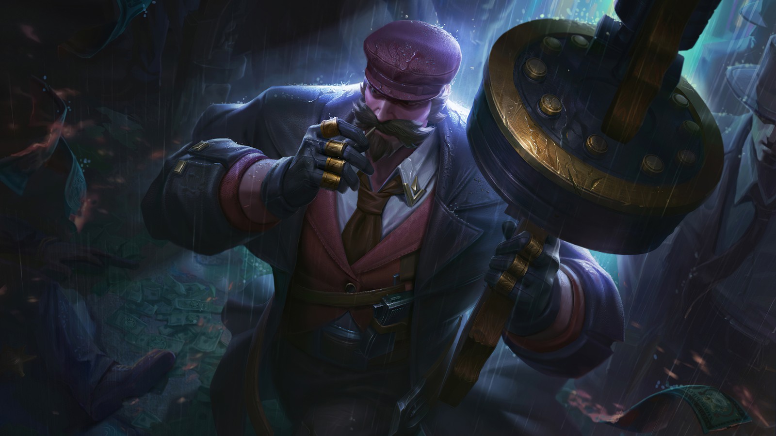 Un hombre con un sombrero púrpura sosteniendo un gran objeto de metal (league of legends wild rift, lol wild rift, videojuego, lol, league of legends)