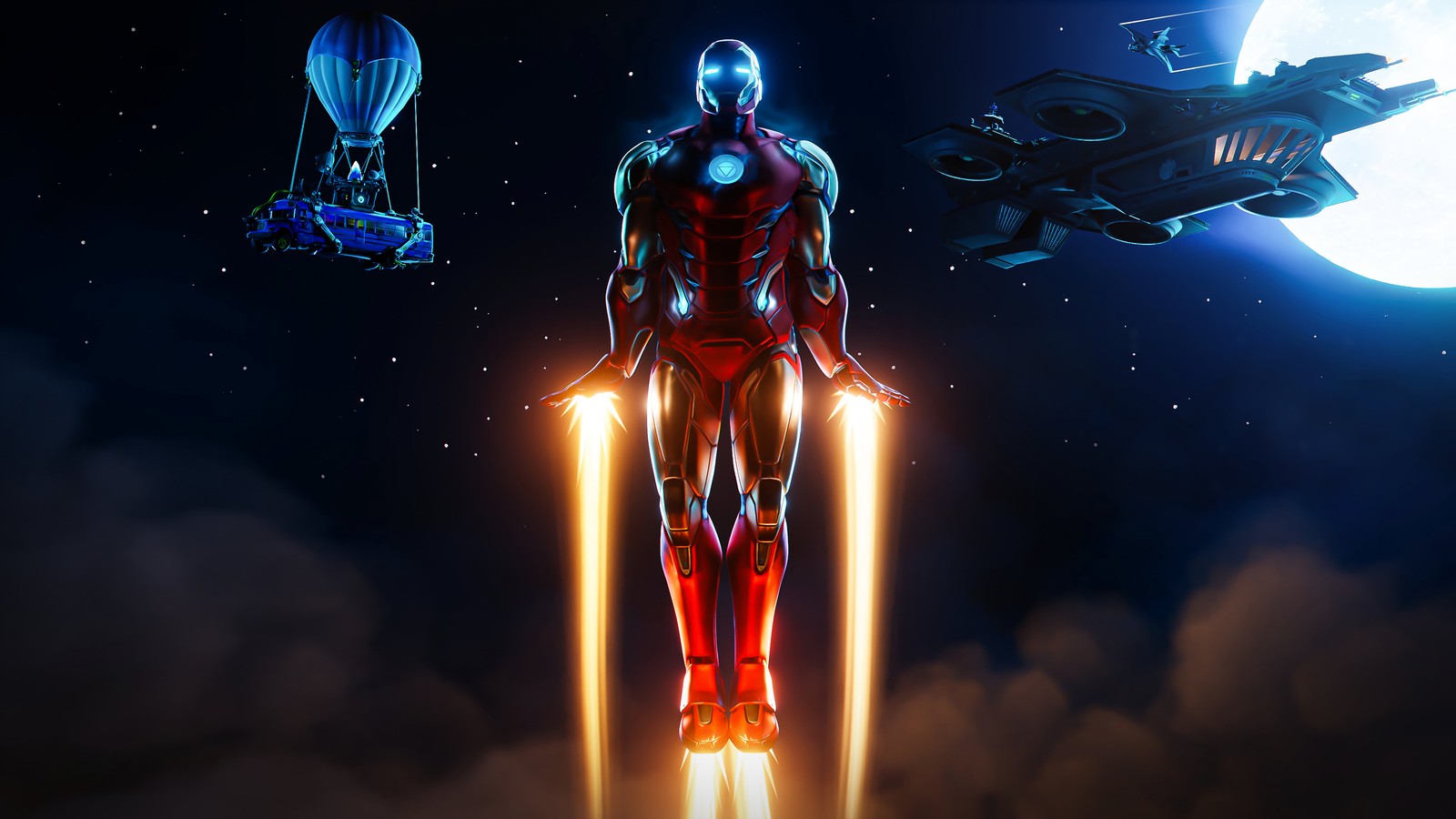 Iron man flying in the sky with a rocket and a spaceship (iron man, marvel comics, superhero, comics, comic)