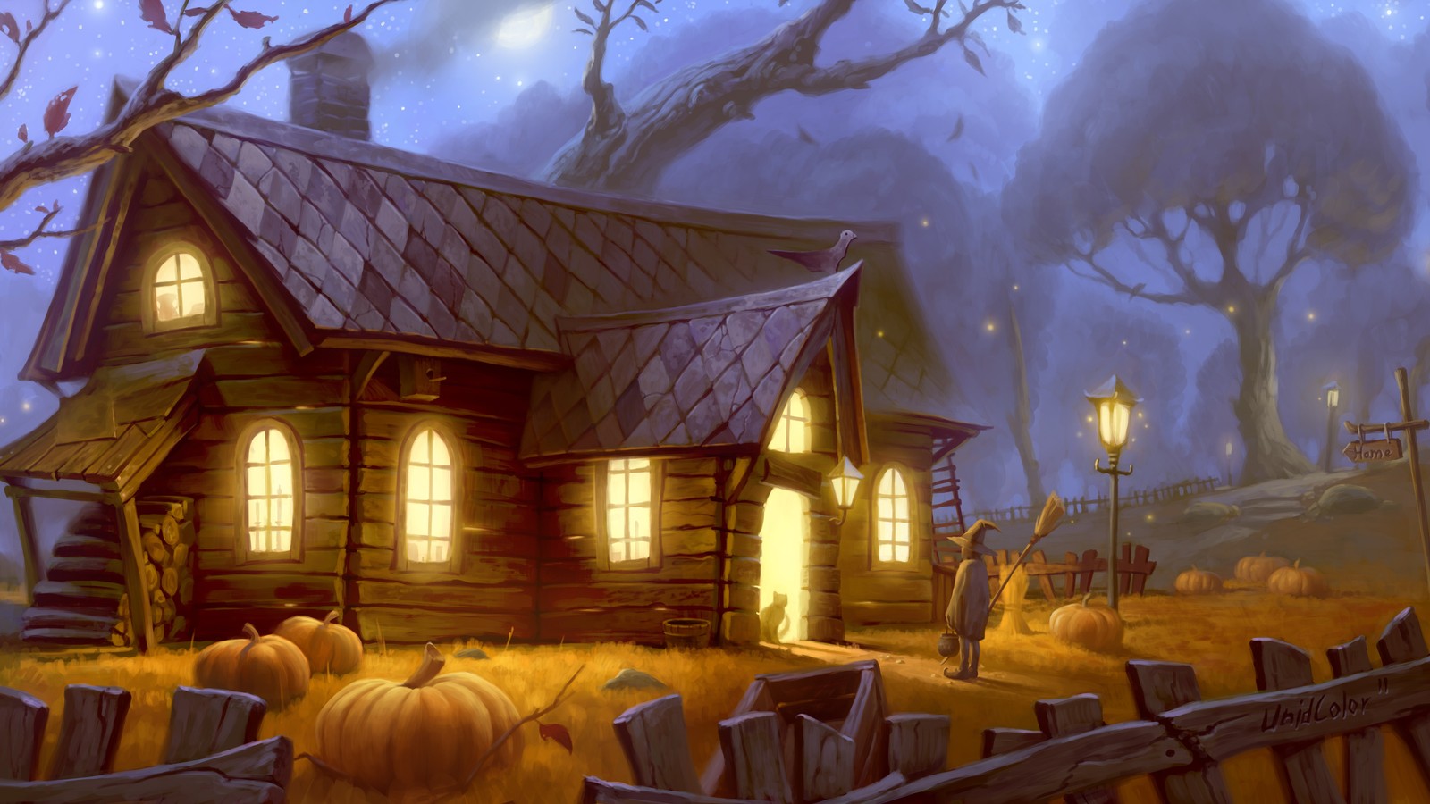 A painting of a house with a fence and pumpkins in the yard (art, painting, home, house, tree)