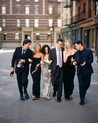 Celebratory Stroll: Friends in Formal Attire at a Glamorous Event