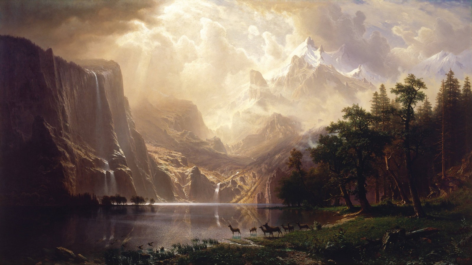 A painting of a mountain scene with a lake and a mountain in the background (painting, landscape painting, art, oil painting, natural landscape)