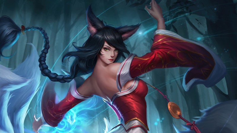 Женщина в красном платье с рогами и мечом (ахри, ahri, league of legends, lol, видеоигра)