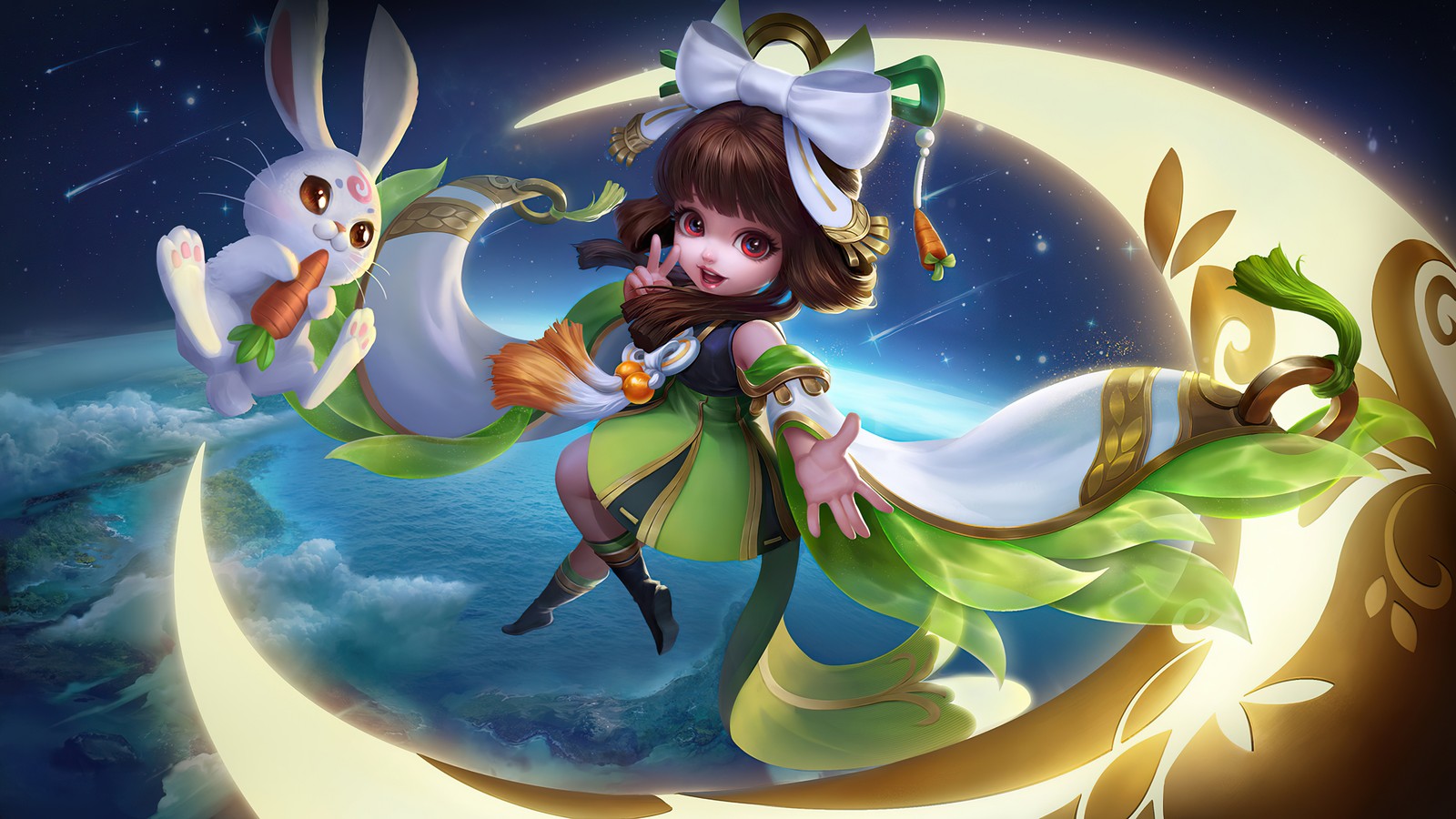 Une fille en robe verte volant au-dessus de la lune avec deux lapins (changement, mobile legends, bang bang, ml, mlbb)