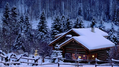 día de navidad, nieve, invierno, cabaña de troncos, árbol