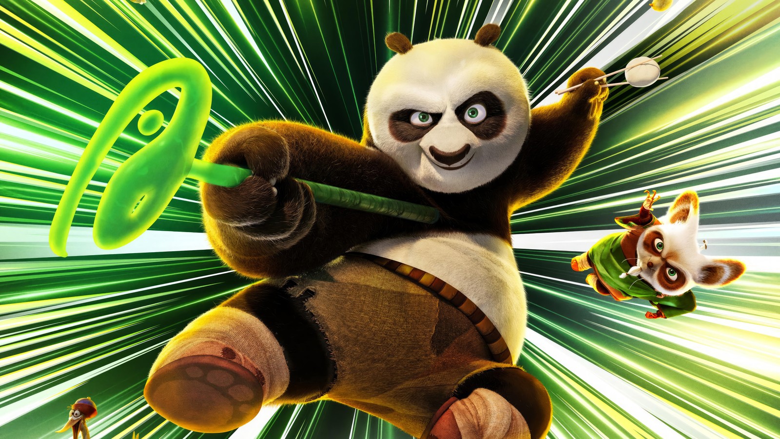 Un primer plano de un oso panda sosteniendo un objeto verde (kung fu panda 4, película, po, cartel)