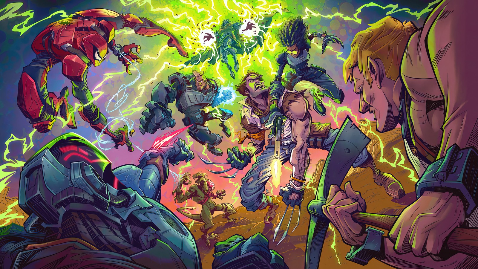 A group of avengers characters in a circle surrounded by lightning (fortnite, battle royale, video game, zero war, wolverine)