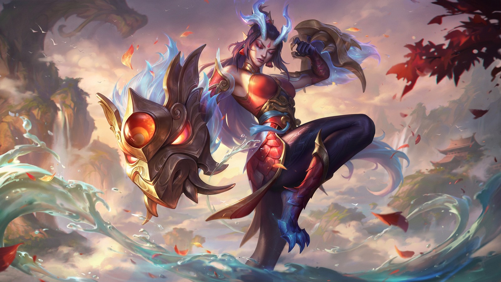 Una mujer vestida de azul sostiene una espada y un demonio (shyvana, viaje inmortal, league of legends, juegos, fondo de pantalla 4k)