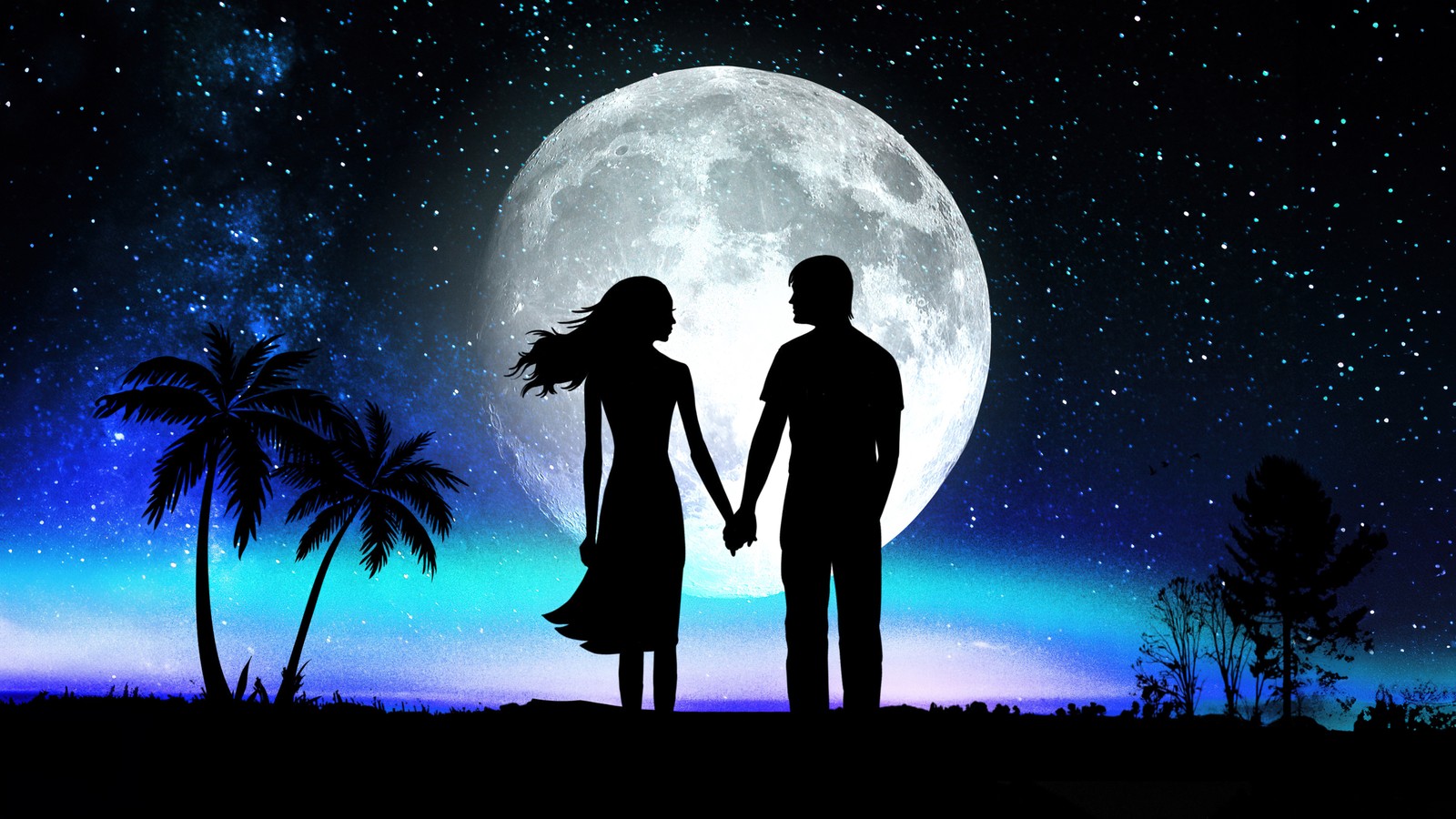 A couple holding hands under a full moon with palm trees (love couple, hands together, dreamlike, silhouette, moon)