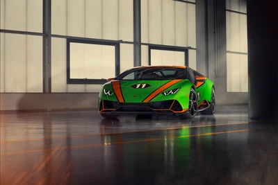 Lamborghini Huracan Evo GT 2020 в ярко-зеленом и оранжевом цветах, демонстрирующий элегантный дизайн и высокопроизводительные эстетические качества.