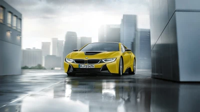 Sleek BMW i8 in vibrant yellow, showcasing a futuristic design amidst a cityscape backdrop.