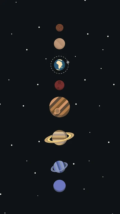 Abstract Galaxy with Planets in Vertical Alignment