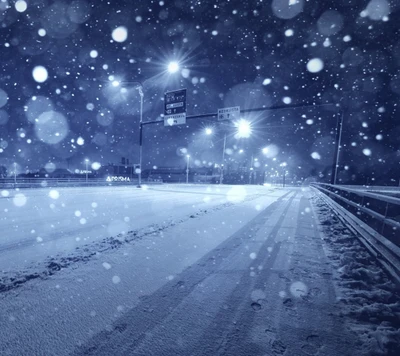 city, night, road, snow, time