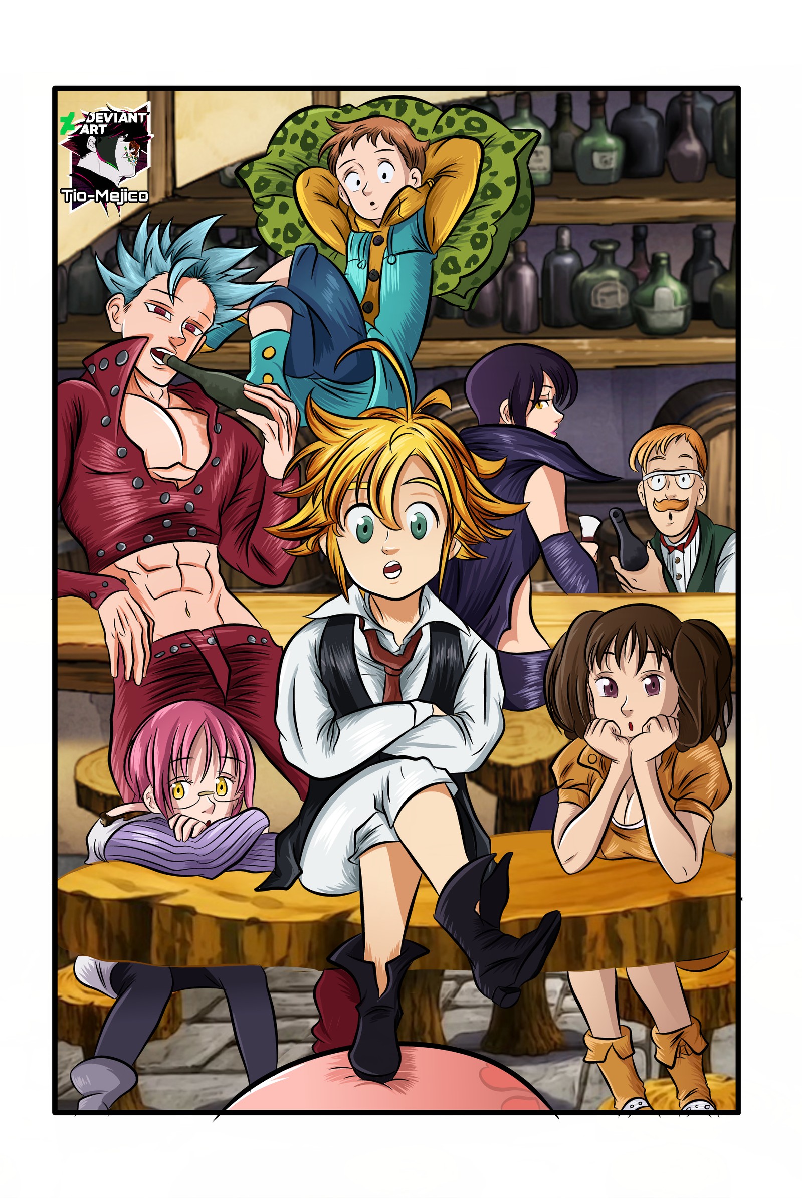 Personajes de anime sentados en un banco en un restaurante con una mujer (nanatsu no taizai, siete pecados capitales, prohibición, escanor, mandamientos)