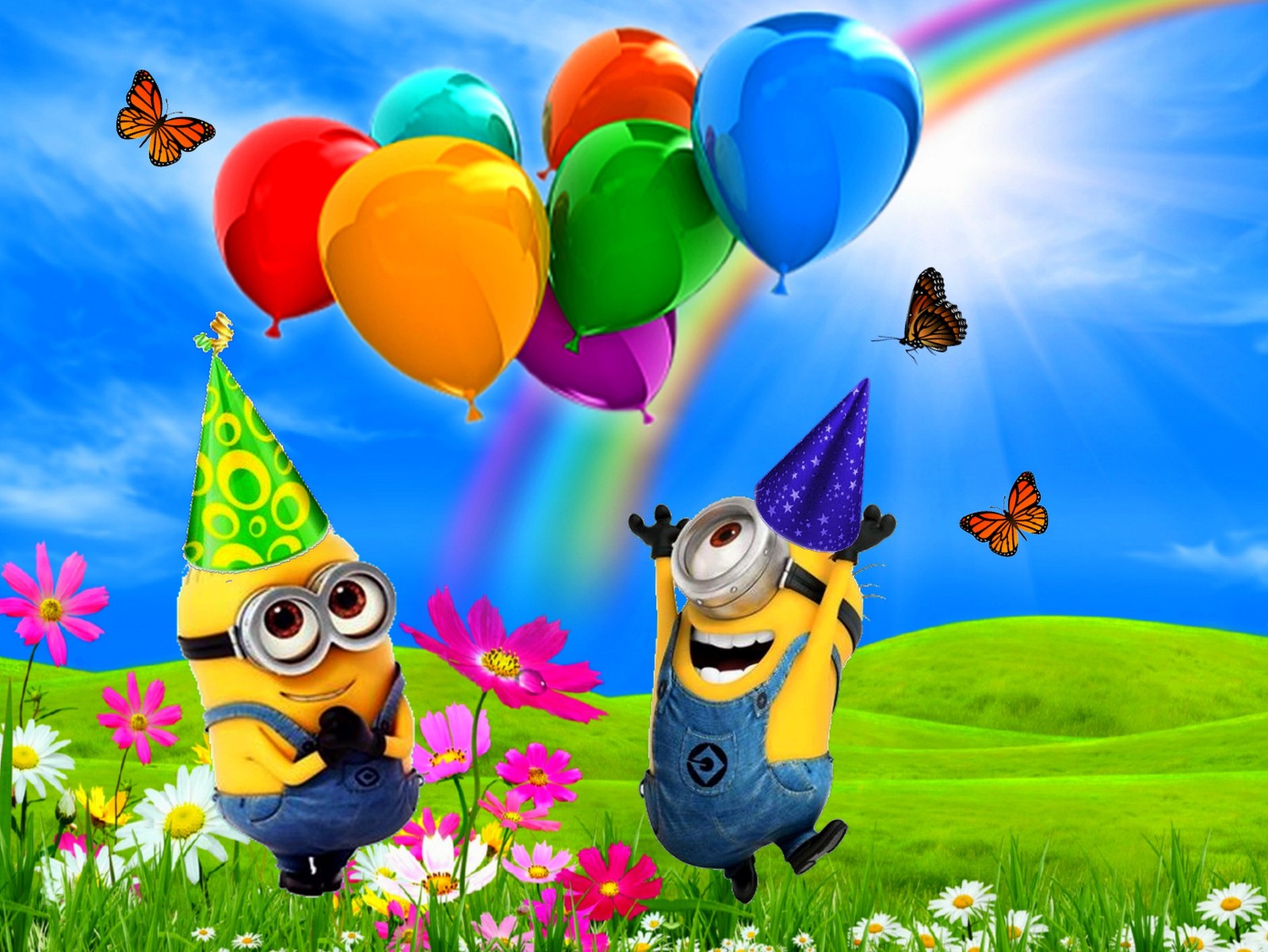 Deux minions volent avec des ballons et un arc-en-ciel dans le ciel. (ballons, birthday minions, des dessins animés, joyeux anniversaire, minions)