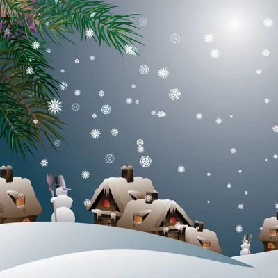 Winter Wonderland with Snowy Houses and Pine Trees