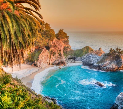 Paisagem de praia serena com palmeiras e ondas suaves ao pôr do sol