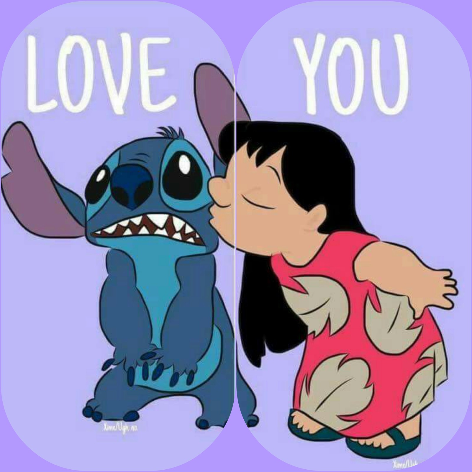 Personagem de desenho animado beijando uma garota com a legenda 'eu te amo' (disney, lilo e stitch, lilo and stitch, amor)