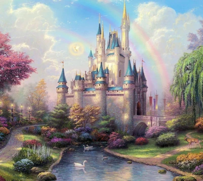 Verzauberndes Disney-Schloss umgeben von üppigen Gärten und einem Regenbogen