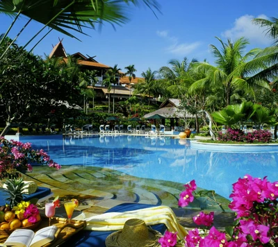 Tropical Oasis: Relaxing Poolside Bliss Amidst Lush Flora and Refreshing Drinks