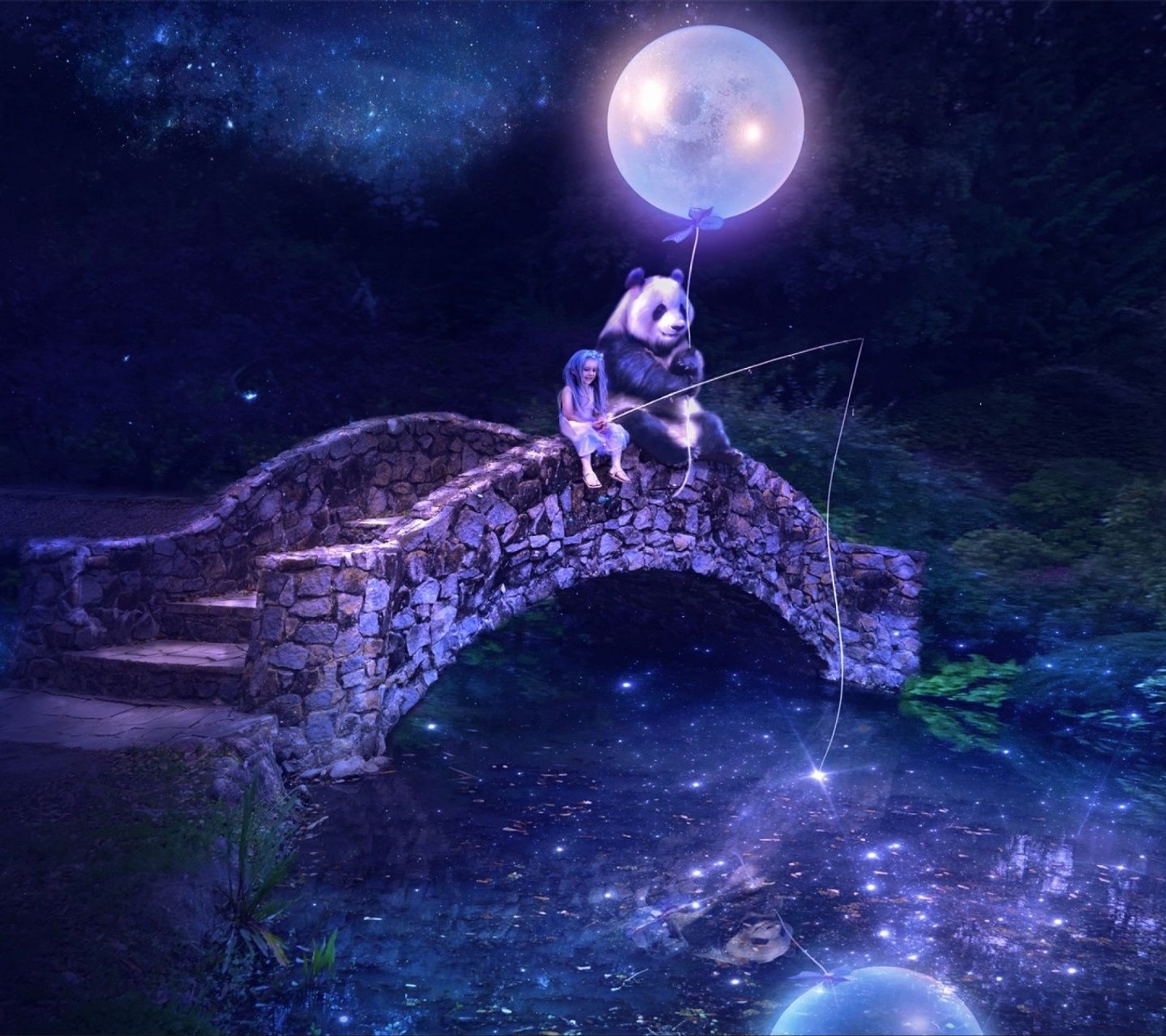 Lade brücke, mond, nacht, panda, fluss Hintergrund herunter